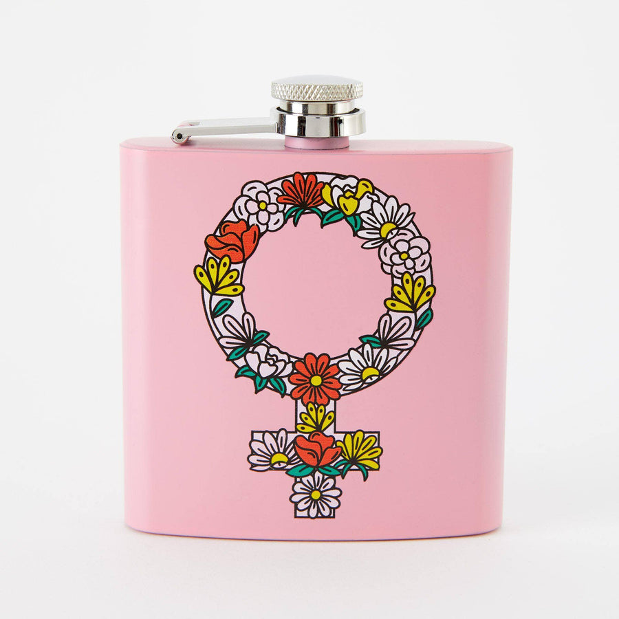 Punky Pins Floral Feminist Hip Flask - Light Pink