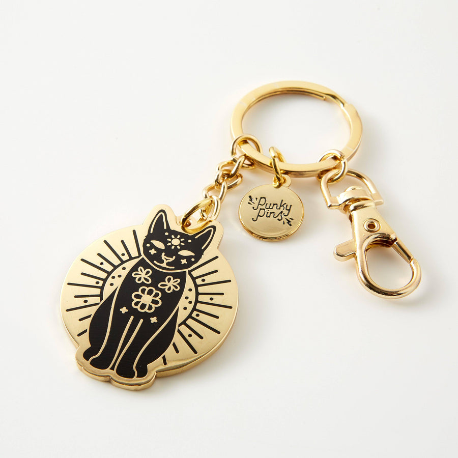 Punky Pins Gold And Black Mystic Cat Hard Enamel Keyring