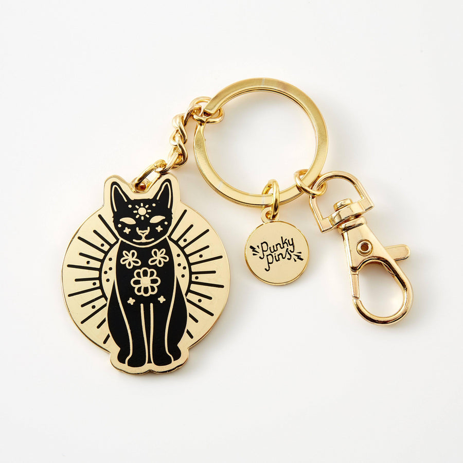 Punky Pins Gold And Black Mystic Cat Hard Enamel Keyring