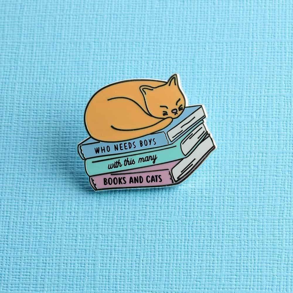Punky Pins Who Needs Boys With This Many Books And Cats Enamel Pin